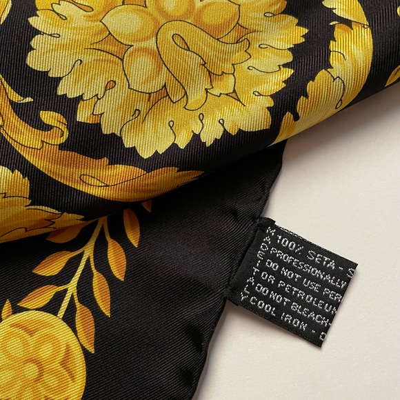 Vintage Versace Barocco Baroque Black and Gold Silk Scarf
